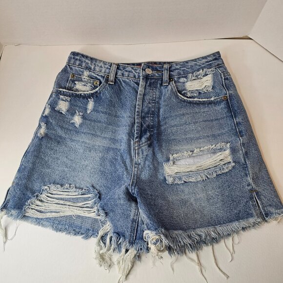 Signature 8 Blue Denim Shorts Women Distressed High Rise Button Down Size M - Picture 6 of 14